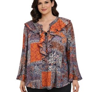 NEW DIRECTIONS Size XL Patchwork Pattern Boho Ruffle Flared Sleeve Lace Up Top